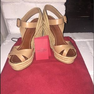 VALENTINO CRISSCROSS ESPADRILLE WEDGE TAN LEATHER